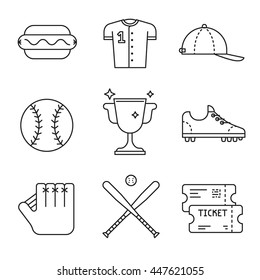 Baseball game equipment icons set. Ticket, hot dog with mustard and ketchup, winner cup. Baseball player uniform cap, shirt and shoes. Baseball bat and ball. Vector outline illustrations