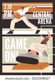 Baseball game event poster design. Sports competition promotion template. Pitcher plays, throws, pitches ball. Professional player rushing to touch base for home run. Flat vector illustration