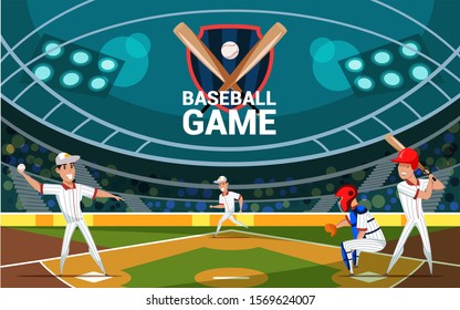 Baseball game flat banner vector template. Professional players, batter, pitcher, catcher cartoon characters. Team sport tournament, competition. Championship match illustration with typography