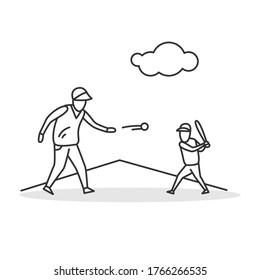 Baseball game icon. father throwing ball to small boy with baseball beat. Linear concept pictogram of parenting and summer outdoor kids entertainment activities. Editable stroke vector illustration