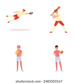 Iconos de juego de béisbol conjunto de dibujos animados Vector. Diversas acciones del jugador de béisbol. Equipo deporte juego