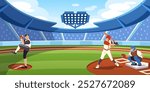 Baseball game on field. Sports tournament at stadium, players in uniform strikes ball with bat, american athletes, competition scene, cartoon flat style isolated tidy vector concept