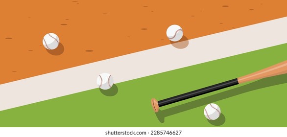 baseball game on grass and dirt ground in the field, baseball bat and ball