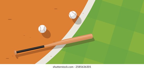 baseball game on grass and dirt ground in the field, baseball bat and ball