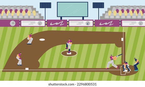 Baseball game on stadium scene flat style, vector illustration. Baseball players, catcher with glove, batter and hitter, gaming process. Decorative for design