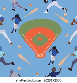 Baseball game with players pitch and run on diamond field. Illustrated in seamless repeat pattern. Ready to be printed on wall paper, fabric, or boy's bedding products.