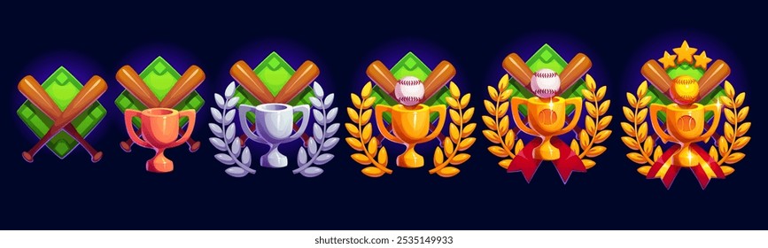 Baseball game rank award with crossed bats and laurel wreath, sport badge. Cartoon vector trophy progression representing victory, achievement, honor, success and the competitive spirit in sports