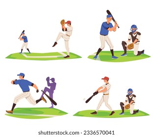 Baseball game scenes collection flat cartoon vector illustration isolated on white background. Baseball sport competition and entertainment for public set.