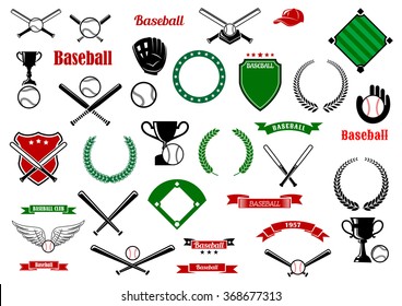 Baseball game sport items and heraldic elements with balls, crossed bats, trophies, gloves, baseball fields and home plate, shields, wreaths, ribbon banners and stars 