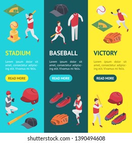 Baseball Game Sport Signs 3d Banner Vecrtical Set Isometric View Include of Softball, Trophy, Shoe, Glove and Hat. Vector illustration