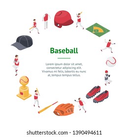Baseball Game Sport Signs 3d Banner Card Circle Isometric View Include of Softball, Trophy, Shoe, Glove and Hat. Vector illustration of Icon