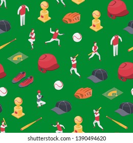 Baseball Game Sport Signs 3d Seamless Pattern Background Isometric View Include of Softball, Trophy, Shoe, Glove and Hat. Vector illustration of Icon