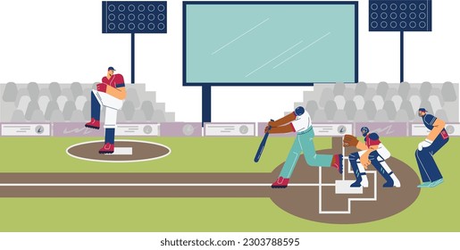 Baseball game in stadium with characters of players hitting the ball with bats and making throw, flat cartoon vector illustration. Baseball sport game background.