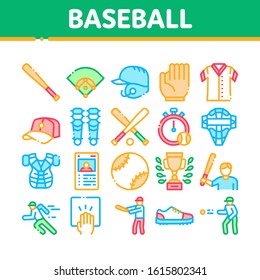 Baseball Game Tools Collection Icons Set Vector Thin Line. Baseball Bat And Ball, Protection Helmet And Glove, Stopwatch And Cup Concept Linear Pictograms. Color Contour Illustrations