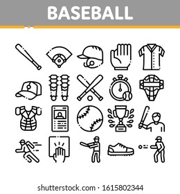 Baseball Game Tools Collection Icons Set Vector Thin Line. Baseball Bat And Ball, Protection Helmet And Glove, Stopwatch And Cup Concept Linear Pictograms. Monochrome Contour Illustrations