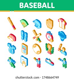 Baseball Game Tools Collection Icons Set Vector. Baseball Bat And Ball, Protection Helmet And Glove, Stopwatch And Cup Isometric Illustrations