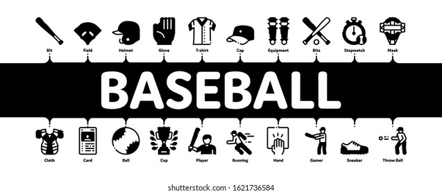 Baseball Game Tools Minimal Infographic Web Banner Vector. Baseball Bat And Ball, Protection Helmet And Glove, Stopwatch And Cup Concept Illustrations