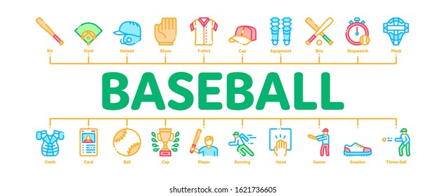 Baseball Game Tools Minimal Infographic Web Banner Vector. Baseball Bat And Ball, Protection Helmet And Glove, Stopwatch And Cup Concept Illustrations