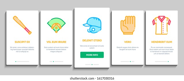 Baseball Game Tools Onboarding Mobile App Page Screen Vector. Baseball Bat And Ball, Protection Helmet And Glove, Stopwatch And Cup Concept Linear Pictograms. Color Contour Illustrations