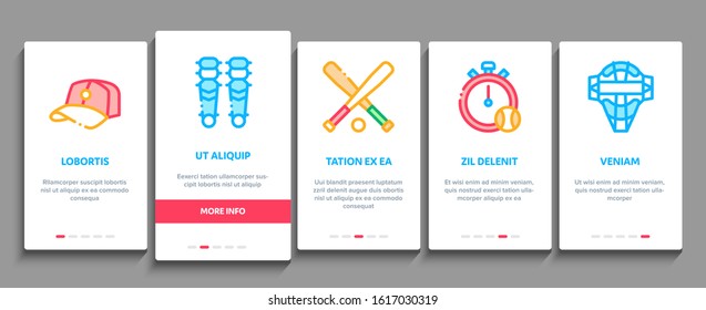 Baseball Game Tools Onboarding Mobile App Page Screen Vector. Baseball Bat And Ball, Protection Helmet And Glove, Stopwatch And Cup Concept Linear Pictograms. Color Contour Illustrations