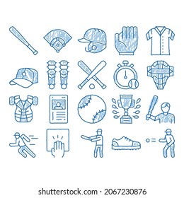 Baseball Game Tools sketch icon vector. Hand drawn blue doodle line art Baseball Bat And Ball, Protection Helmet And Glove, Stopwatch And Cup Illustrations