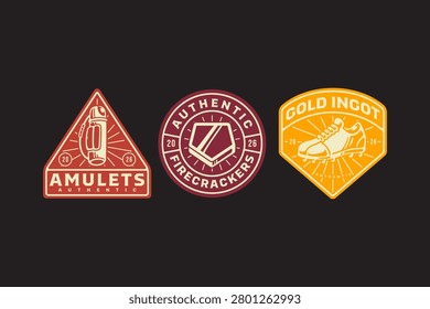 Baseball gear accessories retro badge logo set for sport. Baseball sporting kit vintage patch symbol pack for merchandise. Baseball bag, Base, Cleat shoes