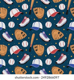 Baseball Gear and Equipment on Navy Blue Seamless Pattern Design