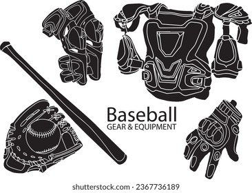 Baseball Gear and Equipment Silhouettes - Vector Illustration Set, Silhouette Vector Set of Baseball Gloves, Chest Guard, and Knee Guard, Baseball Protective Gear