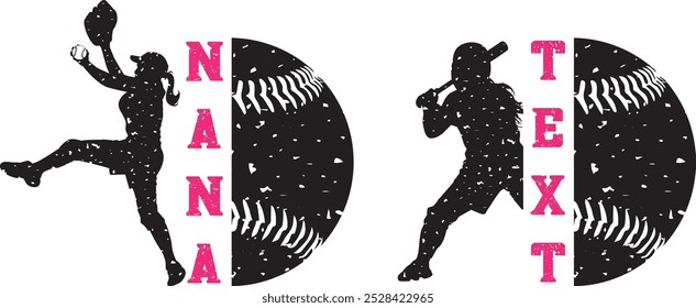 Texto personalizado de la muchacha de béisbol, jugador de béisbol, media silueta de béisbol