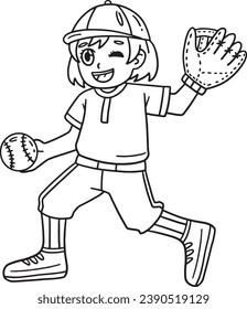 Baseball Girl Pitcher Isolated Coloring Page 