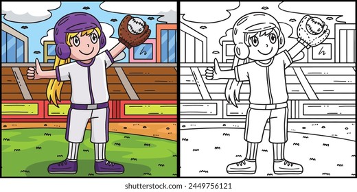Baseball Girl Pitcher Waving Coloring Illustration
