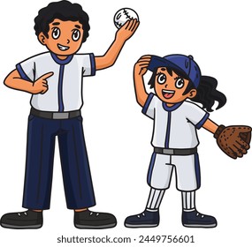 Baseball Girl Player and Parent Cartoon Clipart 