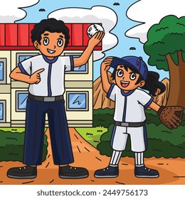 Baseball Girl Player and Parent Colored Cartoon 