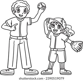 Baseball Girl Player and Parent Isolated Coloring