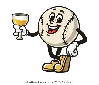 Baseball with a glass of drink cartoon mascot illustration character vector clip art hand drawn