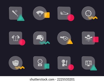 baseball glass morphism trendy style icons. baseball transparent glass vector icons with color memphis figures. for web and ui design, mobile apps and promo business advertising