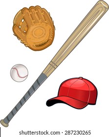 baseball glove, ball and bat