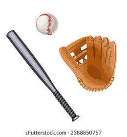 Baseball glove, ball and bat isolated on white background. Vector illustration.