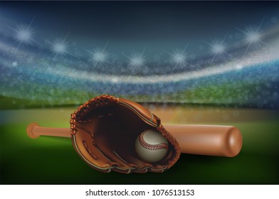 Baseball, glove, ball and bat on field. Baseball Stadium at night time, vector and illustration.