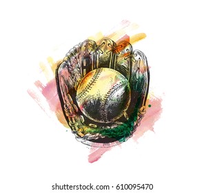 Baseball glove with ball - Hand Drawn Sketch Vector illustration. Softball.