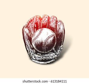 Baseball glove with ball - Hand Drawn Sketch Vector illustration. Softball.