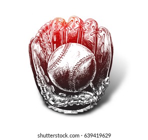 Baseball glove with ball - Hand Drawn Sketch Vector illustration. Softball.