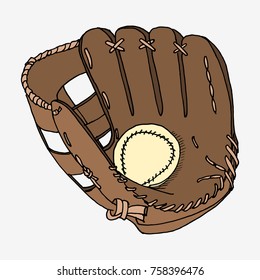 Baseball glove with ball. Hand drawn vector stock illustration.