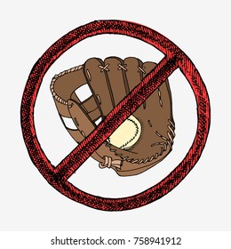 Baseball glove with ball. Hand drawn vector stock illustration. In red sign