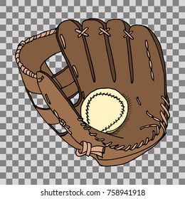 Baseball glove with ball. Hand drawn vector stock illustration. Transparent background