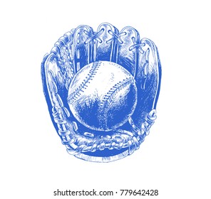 Baseball glove with ball - Hand Drawn Sketch Vector illustration. Softball.