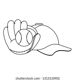 baseball glove ball and hat black and white