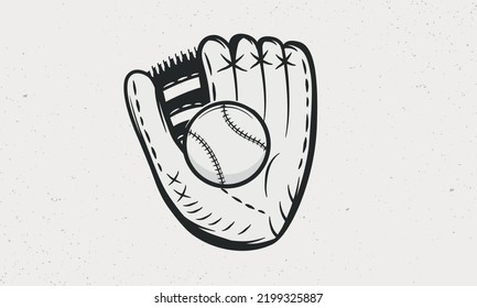 Baseball Glove With Ball Isolated On White Background. Baseball Glove Vintage Sketch. Vintage Design Elements For Logo, Badges, Banners, Labels. Vector Illustration