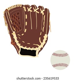 Baseball glove and ball, isolated on white, vector, hand gloves, sport equipment