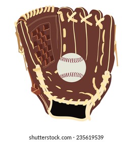 Baseball glove and ball, isolated on white, vector, hand gloves, sport equipment